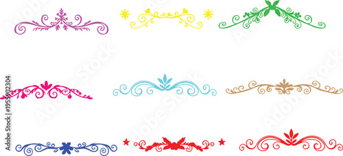 A collection of colorful decorative floral dividers and ornate swirls for graphic design projects isolated on transparent background, Vector