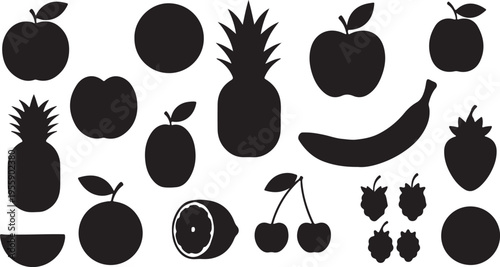 A collection of various fruit silhouettes featuring apples, pineapples, bananas and berries icons isolated on transparent background, Vector