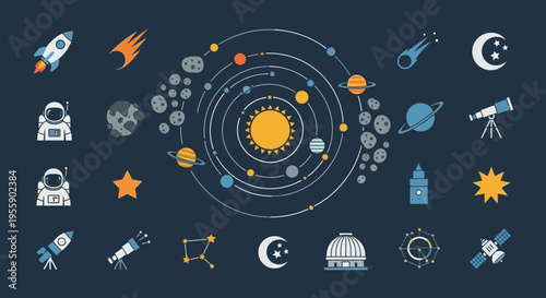 Solar System Astronomy Space Icons Set.