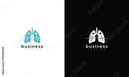 Lung Health Medical Logo Design with Heartbeat and Medical Cross Symbol