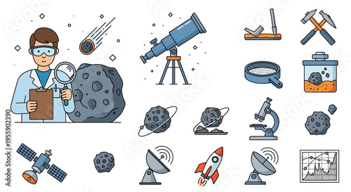 Scientist with astronomy equipment and tools.