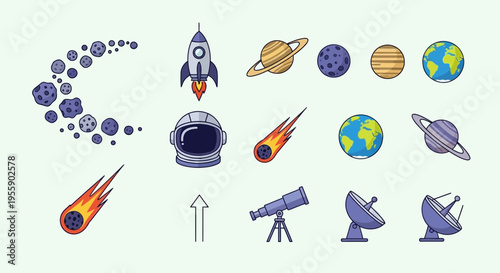 Space rockets and astronomy equipment icons.