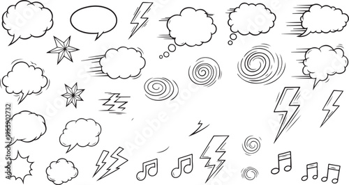 A collection of hand drawn comic style speech bubbles and sound effect elements on white background isolated on transparent background, Vector