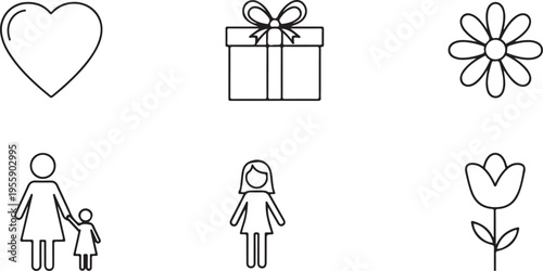 A collection of simple black and white line art icons depicting symbols of love family and nature isolated on transparent background, Vector