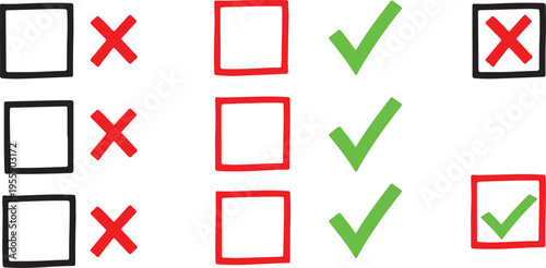 A collection of hand drawn check boxes with various red x marks and green check marks for review isolated on transparent background, Vector