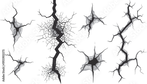 A collection of various crack patterns and broken surface textures isolated on a white background isolated on transparent background, Vector