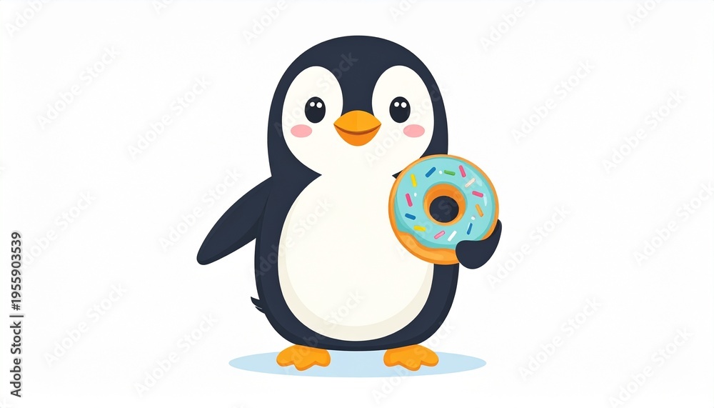 Obraz premium Cute cartoon penguin holding a delicious frosted donut with sprinkles, isolated on a white background, representing sweet treats and enjoyment