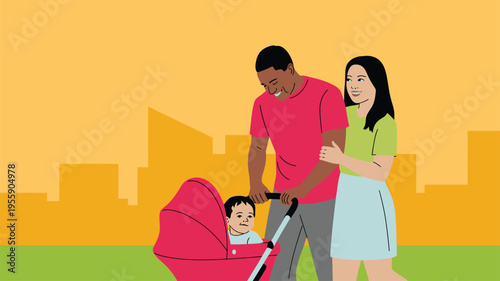 Happy family strolling baby in park cityscape