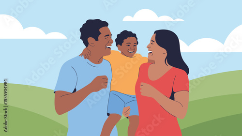 Happy family walking outdoors with son