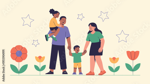 Happy family walking together outside