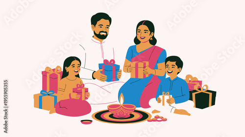 Indian family Diwali celebration colorful gifts diya