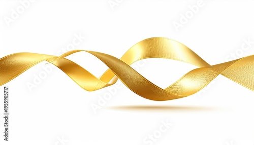 Flowing golden ribbon loops and curves elegantly across a bright, white background