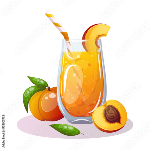 Vector image of glass of peach juice with fresh fruit