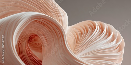 Flowing, layered, swirling, peach-colored form against soft, muted grey background
