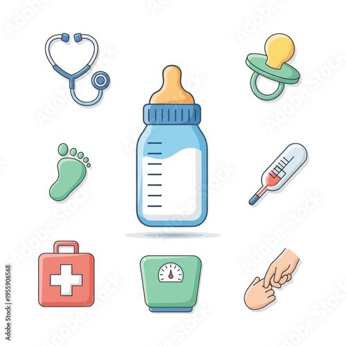 Baby care medical items and feeding bottle collection.
