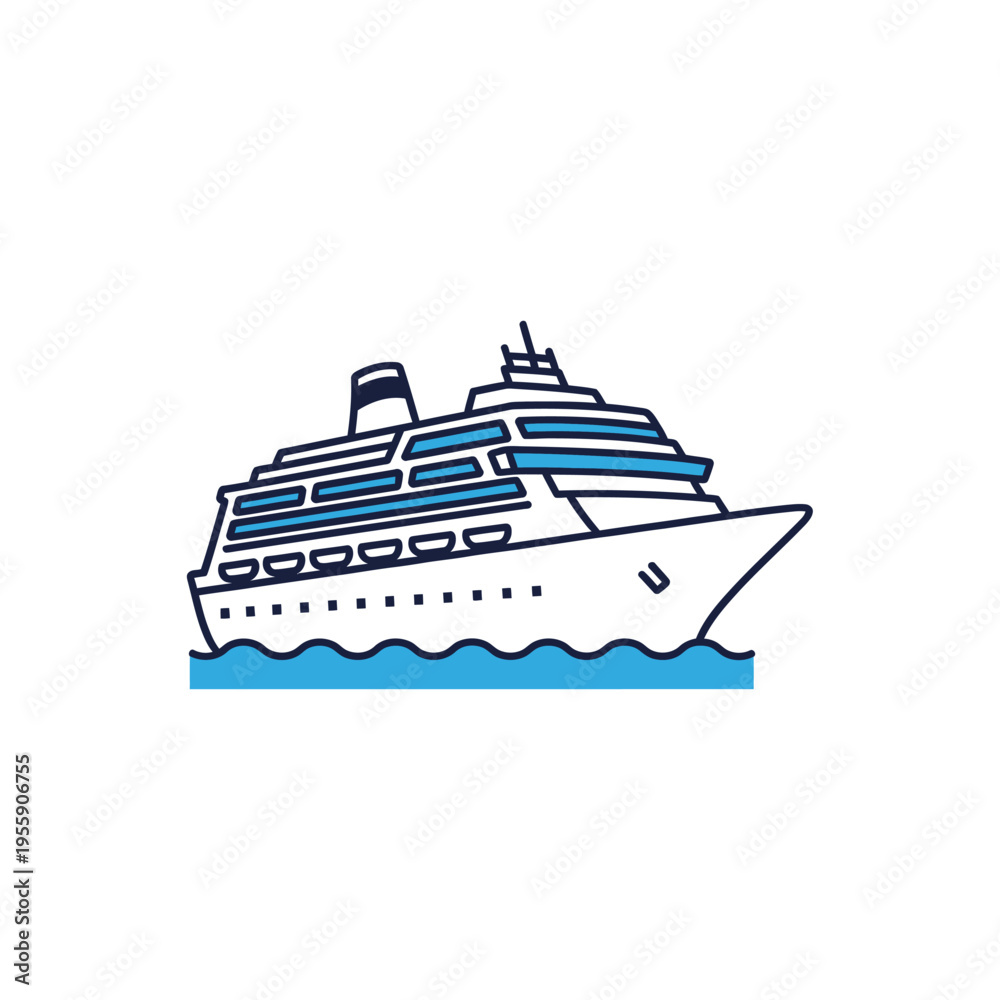 Fototapeta premium A simple line drawing of a cruise ship sailing on blue water.