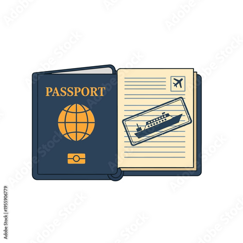 Open Passport with Travel Stamp and Airplane Icon.