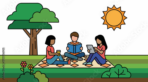 Three friends are enjoying a sunny day at the park, reading books and interacting over a picnic blanket, embracing leisure, companionship, and the beauty of nature.