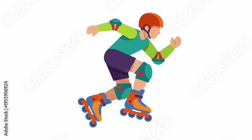 This vibrant illustration depicts a rollerblader in motion, showcasing agility and energy as the skater races forward on rollerblades against a lively colorful backdrop.