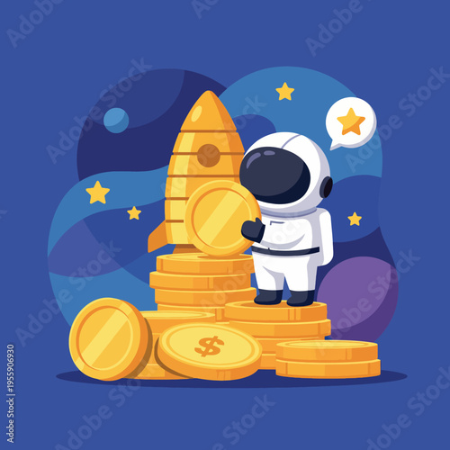 An imaginative illustration of an astronaut standing on stacks of gold coins next to a rocket, embodying themes of adventure, success, and prosperity in a whimsical style.