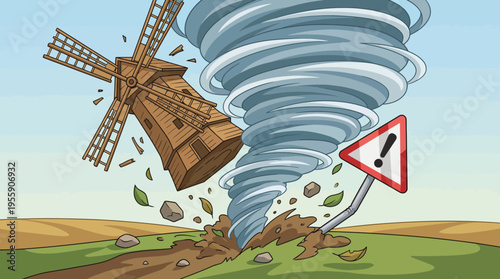A powerful tornado uproots a traditional windmill while debris swirls, illustrating nature's fierce energy and the impact of extreme weather on rural landscapes.