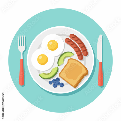 An appetizing illustration of a breakfast plate featuring sunny-side-up eggs, sausages, fresh fruits, and toast arranged attractively on a vibrant table setting.