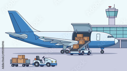 An airplane at an airport is being loaded with cargo boxes, showcasing the logistics and efficiency of air transport in a modern commercial setting focused on connectivity.