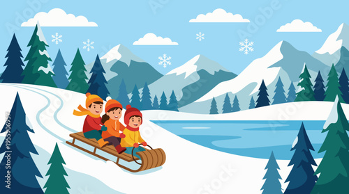 Three happy children are sledding down a snowy hill, showcasing joy, excitement, and winter beauty, surrounded by a picturesque landscape of snow-capped mountains.