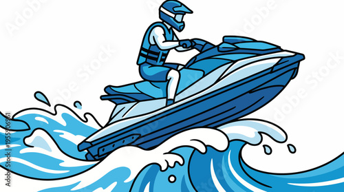 A person rides a jet ski, leaping over the waves of an ocean, providing an exhilarating view of adventure and freedom on water during a sunny day.