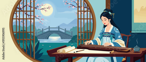 This artwork captures a tranquil scene of a woman in traditional attire playing the guzheng, with a picturesque landscape featuring cherry blossoms and a moonlit background.