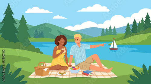 A happy couple sits on a picnic blanket, savoring snacks and enjoying the picturesque lakeside scenery, surrounded by lush greenery and a calm, inviting atmosphere.