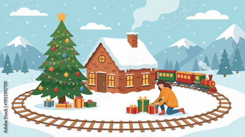 A picturesque winter landscape featuring a cozy house, vibrant Christmas tree, and a train, all surrounded by snow, capturing the essence of holiday cheer and family gatherings.