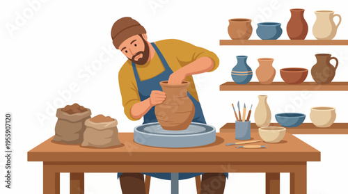 A skilled potter shapes a clay vase on a wheel, showcasing the artistry and craftsmanship of pottery-making in a well-organized studio filled with tools and pottery.