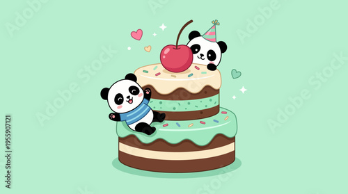 Two adorable pandas playfully interact on a whimsical birthday cake topped with a cherry, symbolizing joy, celebration, and the charm of playful design.