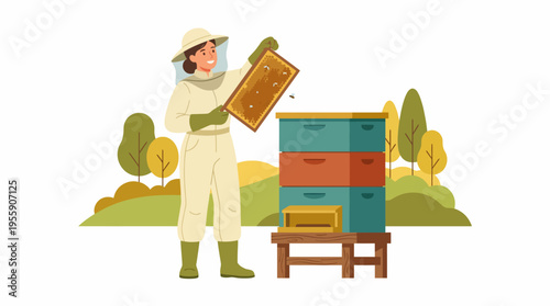 A dedicated beekeeper carefully extracts a honeycomb frame from a hive, promoting sustainable practices while surrounded by vibrant nature and emphasizing connection to the environment.
