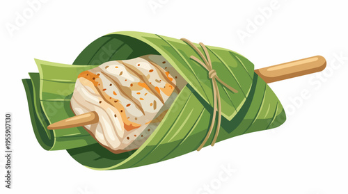 A tasty wrapped food item is displayed neatly within banana leaves, portraying traditional culinary art and showcasing flavors through vibrant ingredients.
