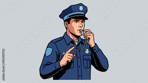 A focused police officer is depicted blowing a whistle, symbolizing authority and vigilance, highlighting the importance of law enforcement and public safety in the community.