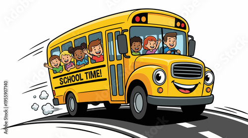 An enthusiastic group of children joyfully waves from a bright yellow school bus, symbolizing the excitement of going to school and the joy of friendship and learning.