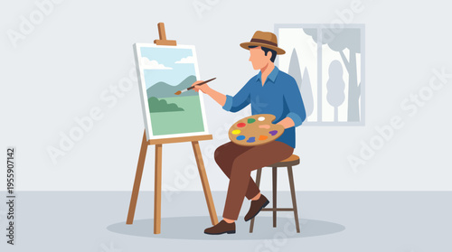 A focused artist is creating a beautiful landscape painting on canvas while sitting on a stool, using a colorful palette in a serene and artistic environment indoors.