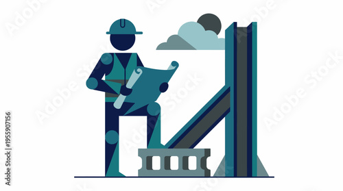 An illustration of a construction worker holding blueprints while standing on a block, depicting the theme of building and planning in a project environment.
