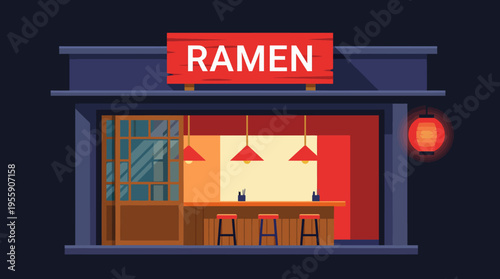 An inviting illustration of a ramen shop illuminated at night, exuding warmth and coziness, surrounded by a vibrant urban setting that beckons food lovers and passersby alike.