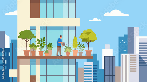 A man tends to plants on a stylish balcony, illustrating urban gardening's role in enhancing city living, aesthetic appeal, and providing tranquility amidst a bustling environment.