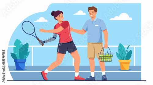 A dynamic scene showcasing a strong female athlete equipped with a robotic arm confidently playing tennis, emphasizing inclusivity, strength, and sportsmanship.