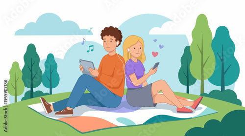 A warm and cheerful illustration of a young couple sitting on a picnic blanket, both engaged with their smartphones in a serene outdoor setting surrounded by nature.