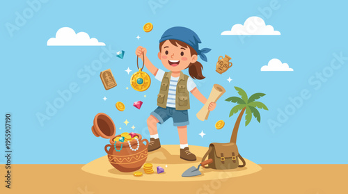 A cheerful treasure hunter proudly displays gems and coins found in a treasure chest, embodying the thrill of adventure and discovery on a sandy beach paradise.