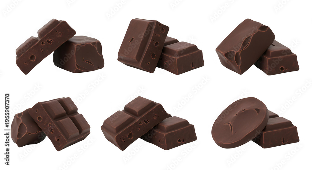Obraz premium various views of dark chocolate pieces on white background used in food styling for recipes and desserts