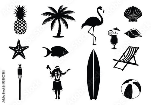 A collection of tropical and beach-themed silhouette icons for a vacation