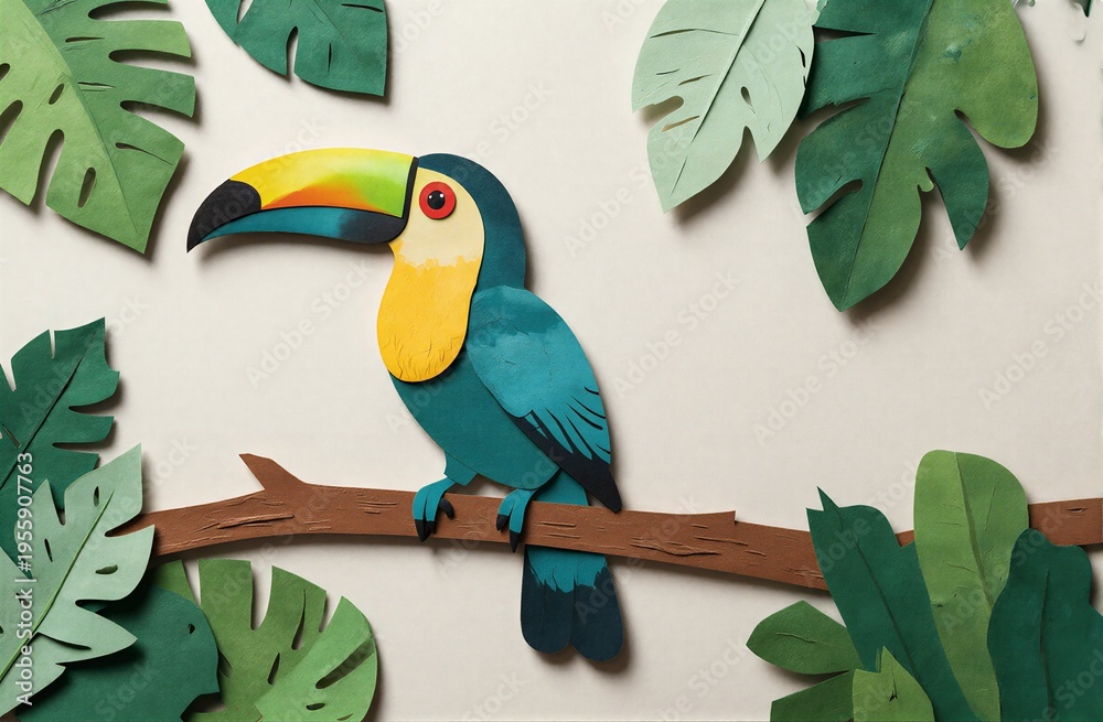 Obraz premium Vibrant toucan perches on branch surrounded by lush green tropical