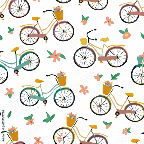 Seamless Summer Vector Pattern Featuring Colorful Vintage Bicycles with Baskets Full of Flowers on a White Background
