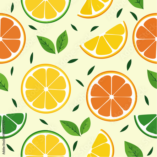 Vibrant Seamless Vector Pattern Featuring Slices of Fresh Citrus Fruits Like Oranges Lemons and Limes with Green Leaves on a Light Background
